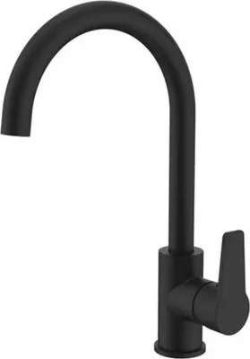 A black kitchen faucet with a curved spout and a single lever handle.
