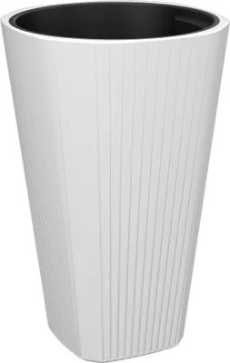 A tall, white planter with a ribbed texture and a black interior.