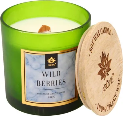 Produktbild von Duftkerze Wildbeeren Sojawachs mit Holzdocht im bunten Glas mit Holzdeckel