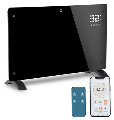 Zdjęcie produktu dla ISOISL Elektryczny grzejnik konwekcyjny 2000W, czarny, z aplikacją WLAN, panelem dotykowym LED, regulacją temperatury 5–50°C, timerem 24h, klasą ochrony IP24, mobilny, z kółkami