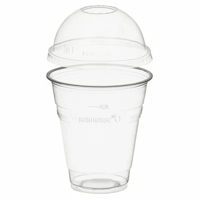 Produktbild von 50x  Trinkbecher 300ml + Domdeckel mit Rundloch aus Biokunststoff (PLA)
