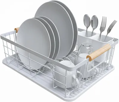 Immagine prodotto di Scolapiatti - Portaoggetti da cucina - Organizzazione della cucina - Maniglie in legno - 42 cm - Bianco