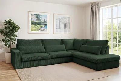 Productafbeelding van Designbank THORA, hoekbank, bekleding: stof Poso, kleur: groen, met hocker aan de rechterkant