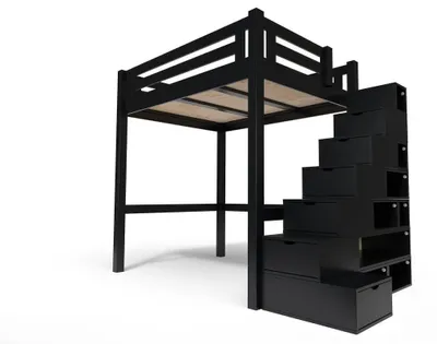 Produktbild von Hochbett in holz 140x200 Alpage mit treppenregal - Schwarz