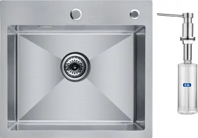 A stainless steel kitchen sink with a soap dispenser next to it.