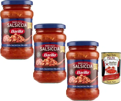 Produktbild von Barilla Ragù alla Salsiccia Pastasauce 3x300g – Tomatensauce mit italienischer Wurst, servierfertig, ohne Palmöl + Italian Gourmet polpa