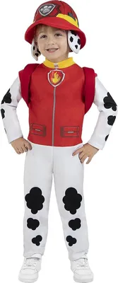 A young child wearing a Paw Patrol Marshall costume.