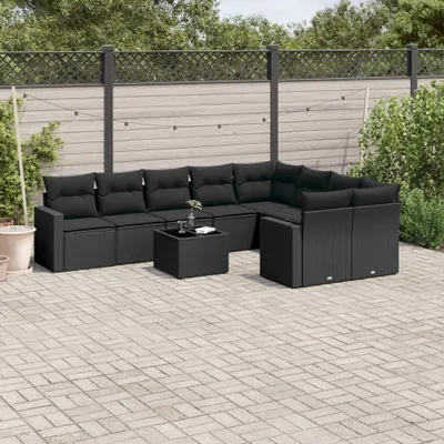 Produktbild von Design 10-tlg. Garten-Sofagarnitur mit Kissen Schwarz Poly Rattan, Gartenmöbel-Sets 2024 Neu