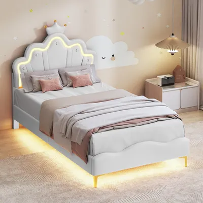 Produktbild von INONEFT Polsterbett 90x200cm mit Lattenrost, Kinderbett mit Kronenförmigem Kopfteil, Jugendbett Einzelbett mit Led, Prinzessinnenbett Holzbett,PU,Weiß