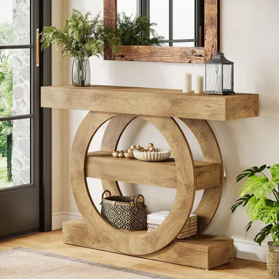 Produktbild von Konsolentisch 105x30x80 cm 3-stöckig Braun Industrieller Eingangstisch mit Rundgestell Schmaler Beistelltisch