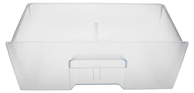 A clear, front-facing studio shot of a transparent plastic vegetable drawer.