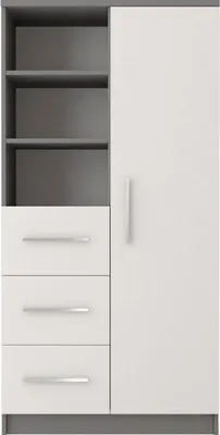 A studio shot of a gray and white cabinet with shelves and drawers.