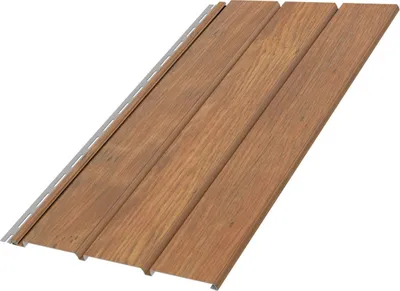 A piece of wood-look siding with a metal fastening strip.