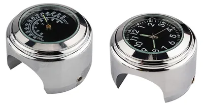 Image de Horloge universelle pour guidon de moto et vélo, thermomètre étanche, pièce de rechange pour motos et vélos, compatible avec des guidons de 22 mm à 25,4 mm (7/8'' à 1''), boîtier argenté, cadran noir, horloge + thermomètre