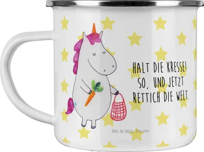 Produktbild von Mr. & Mrs. Panda Emaille Tasse Einhorn Gemüse - Weiß - Geschenk, Wochenmarkt, Unicorn, Einhörner, Haferl, Biomarkt, Pott, Kaffeepott, Teetasse