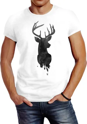 Produktbild von Herren T-Shirt Hirsch Geweih Kopf Deer Watercolor Polygon Tier Slim Fit Neverless® weiß L