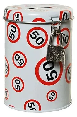 Zdjęcie produktu dla Skarbonka metalowa zamek "50" 11X8 5 cm na pieniądze prezent