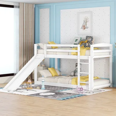 Produktbild von Flieks Etagenbett 90x200cm, Hochbett mit Leiter, Kinderbett mit Rutsche und Rausfallschutz, Massivholzbett Stockbett mit Lattenrost, Spielbett für Kinder, Weiß
