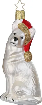Produktbild von Christbaumschmuck Anhänger Glas Hund mit Weihnachtsmütze 12,5cm Weiß