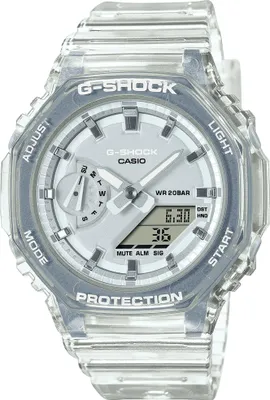 A close-up studio shot of a transparent G-Shock watch.