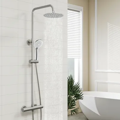 Produktbild von Duschsystem mit Thermostat, Regendusche, Edelstahl, Regenkopf, runde Duschsäule, Duschgarnitur inkl. 3-Strahlen-Handbrause, höhenverstellbar, vollrund
