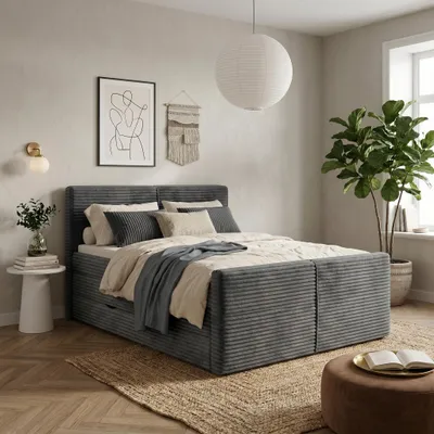 Produktbild von ELVORA DESIGNE Boxspringbett 160x200 cm DREAM mit Doppel-Bonell-Matratze H3 & Topper, Bettkasten, Dunkelgrau