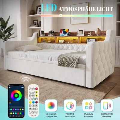 Immagine prodotto di Letto a giorno MODFU 90x190 con letto estraibile, divano letto con spazio contenitore, testiera e braccioli in legno, letto a giorno per adolescenti con LED e rete a doghe, senza materasso, color beige