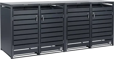 A dark gray, four-unit trash bin enclosure with slatted doors and silver handles, shown from the front against a white background.