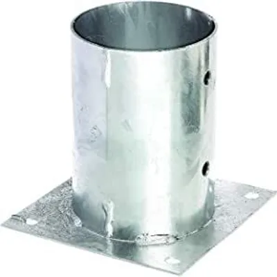 A galvanized metal post base with a square flange and a cylindrical sleeve.