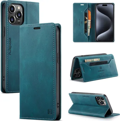 Image de Coque pour iPhone 15 Pro Max, coque rétro en cuir PU, support et étui de protection bleu