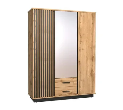 Produktbild von Garderobenschrank LARSSON I mit 3 Türen und 2 Schubladen, Kleiderschrank mit Kleiderstange in Lamellenoptik, Flurschrank, Eiche Wotan/Schwarz