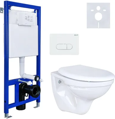 Produktbild von Wand Hänge WC Komplettset Vorwandelement Schallschutz WC Sitz Softclose Deckel Abgang Betätigungsplatte Keramik Spülkasten Toilette Set Bad Sanitär