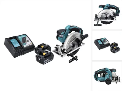 A cordless circular saw kit with two batteries and a charger, displayed on a white background.