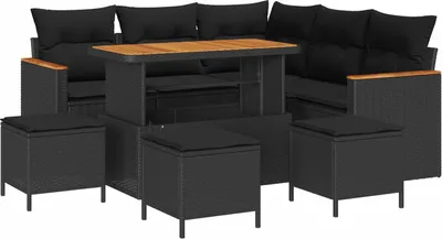 Produktbild von Modulares Gartensofa-Set, 9-teilig für 8 Personen, Poly-Rattan & Stahl, wetterfest, Schwarz, mit Tisch & Hockern