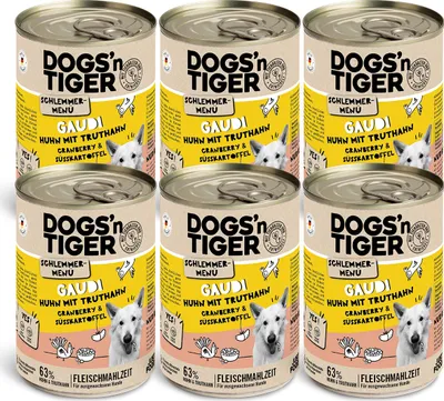 Zdjęcie produktu dla Dogs'n Tiger Adult karma dla psów, Gaudi, mokra karma, bez zbóż, kurczak, indyk, żurawina i słodki ziemniak, 6x400g