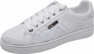 A single white Guess sneaker shown from a side-diagonal angle on a white background.