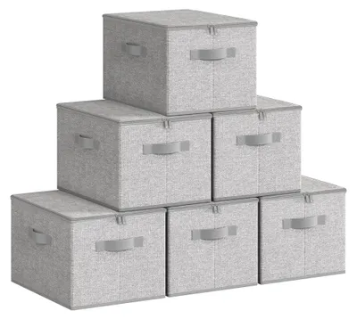 Produktbild von Aufbewahrungsbox mit Deckel - Set von 6 - Faltbare Stoffbox - Handgriffe - 40 x 30 x 25 cm - Vliesstoff, Taubengrau - Aufbewahrungskorb