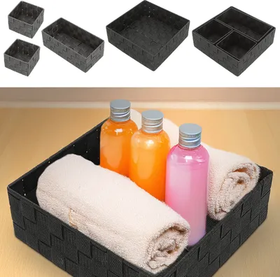 Produktbild von Aufbewahrungskorb 4er Set schwarz 3 Größen Korb Aufbewahrungsbox Rattan-Design Allzweckkiste Ordnungsbox
