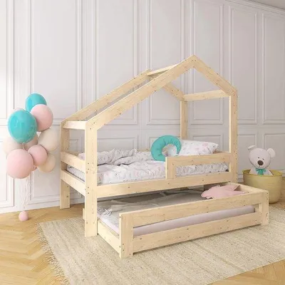 Immagine prodotto di Letto a castello in legno per bambini | Letto estraibile con protezione anticaduta | 70x140 - 90x200 cm | Letto per ragazzi e letto a castello per bambini e bambine