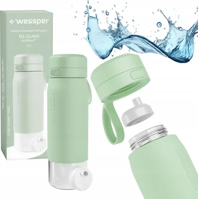 Produktbild von Glasflasche Wessper 700ml, Silikonhülle Wasserfilter Verschluss BPA-frei, minze