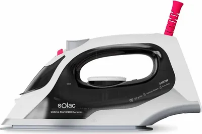 A studio shot of a Solac steam iron against a white background.