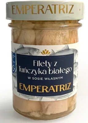 TUŃCZYK BIAŁY FILETY MSC W SOSIE WŁASNYM 200 g (140 g) (SŁOIK) - EMPERATRIZ