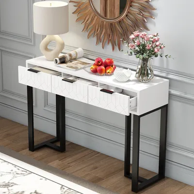 Image de OKWISH Console d’Entrée Moderne avec Tiroirs et Poignées Dorées - Table Console Élégante pour Salon ou Couloir - MDF - Blanc + Noir - 120×36×80 cm
