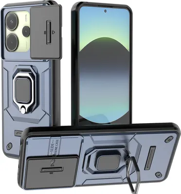 Immagine prodotto di Custodia per Xiaomi Redmi Note 14 4G a doppio strato con protezione scorrevole della fotocamera e supporto ad anello, supporto blu