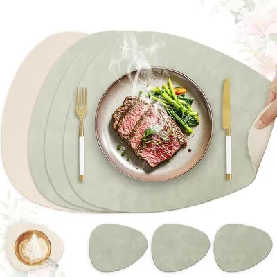 Produktbild von PolkaHome® Set von 4 Kunstleder Platzsets, abwischbar und wasserdicht, Lederoptik Platzsets mit Untersetzern, doppelseitig rutschfest