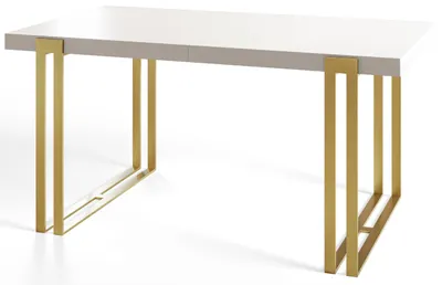 Image de Table de salle à manger rectangulaire ROSA - Table extensible - Dimensions : 120-220 x 80 x 77 cm - Couleur : blanc - Avec pieds en métal de couleur or