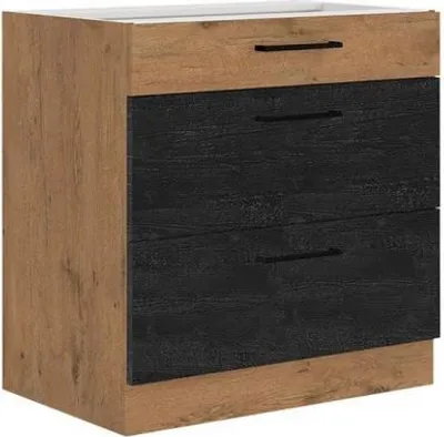 Image de Meuble de cuisine à tiroirs inférieurs 80 cm ZHILAN - chêne lancelot / bois foncé