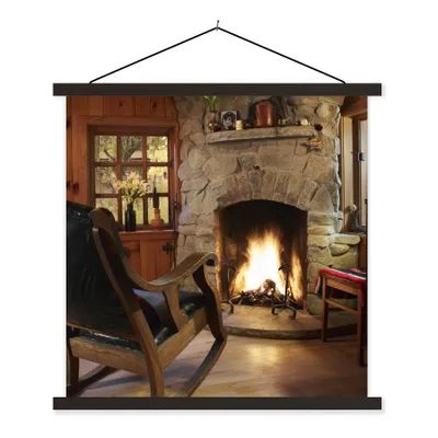 Produktbild von MuchoWow® Textilposter Brennendes Feuer in einem Kamin 120x120 cm mit schwarzem Rahmen - Aufhängungsset