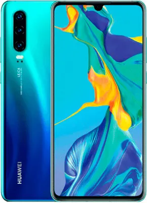 A Huawei P30 smartphone displayed from the front and back, showcasing its design and camera.