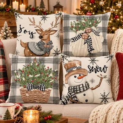 Image de Lot de 4 housses de coussin de Noël, 45 x 45 cm, couleurs variées, mélange de lin, pour décoration de canapé ou de chambre